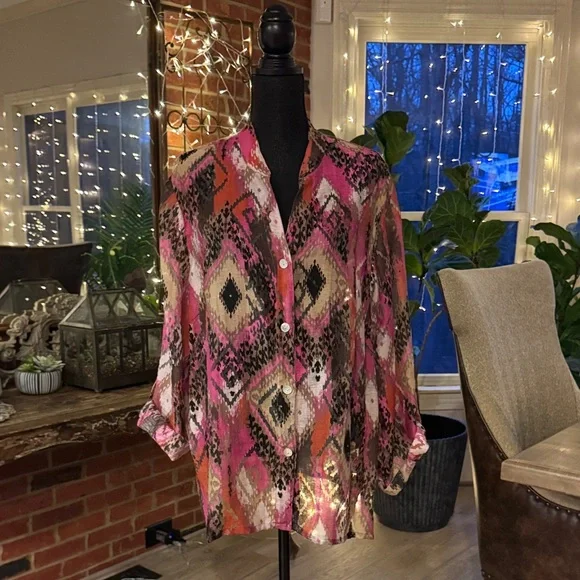 Ruby Rd. Pink and Black Geometric Blouse - Picture 2 of 5